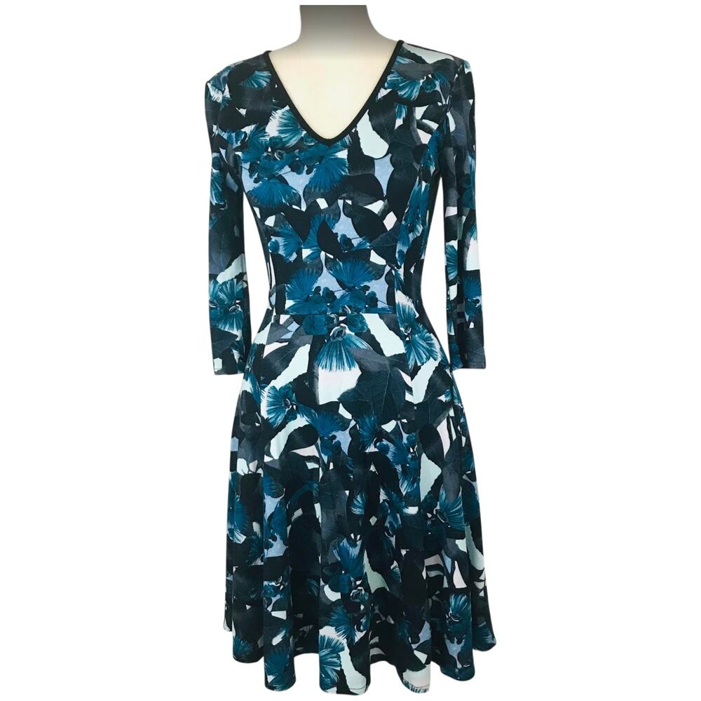 Erdem Domitilla Blue Floral Fit and Flare Dress V-Neck Mid-length Sleeve